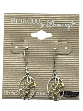Danecraft Pure 100 Leaf Drop Earrings NWT Silver Gold Tone